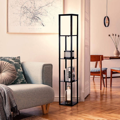 Modern LED Shelf Floor Lamp Black Wooden Skinny End Table Nightstand