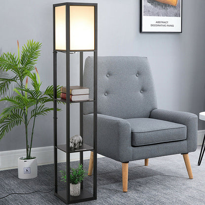 Modern LED Shelf Floor Lamp Black Wooden Skinny End Table Nightstand