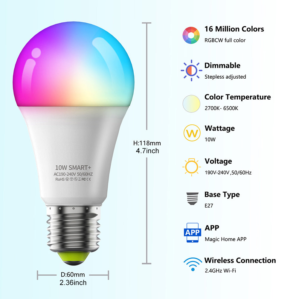 Smart Light Bulb 10W Wifi Alexa Dimmable RGB+CCT