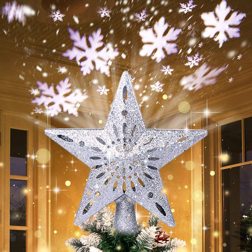 Christmas Tree Topper Star LED Rotating Snowflake Projector