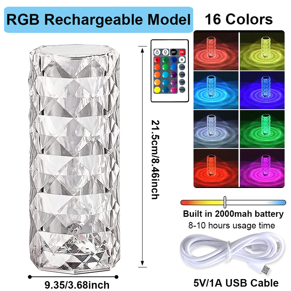 Lampe de table en cristal, veilleuse rechargeable