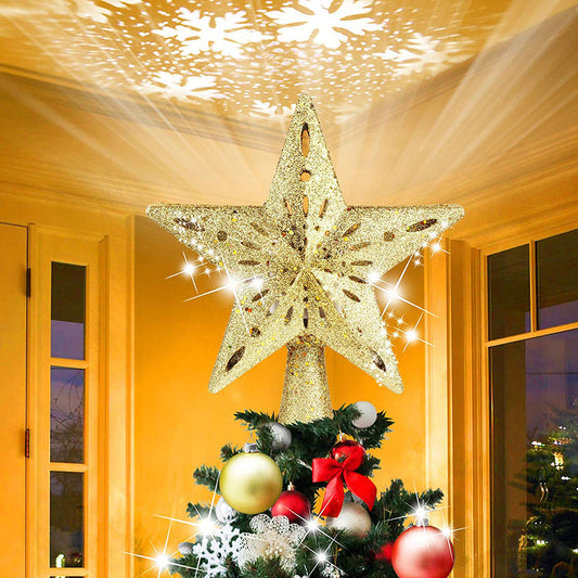 Christmas Tree Topper Star LED Rotating Snowflake Projector