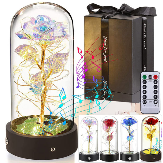 Boîte à musique tournée avec fleur de rose éternelle avec lumières LED