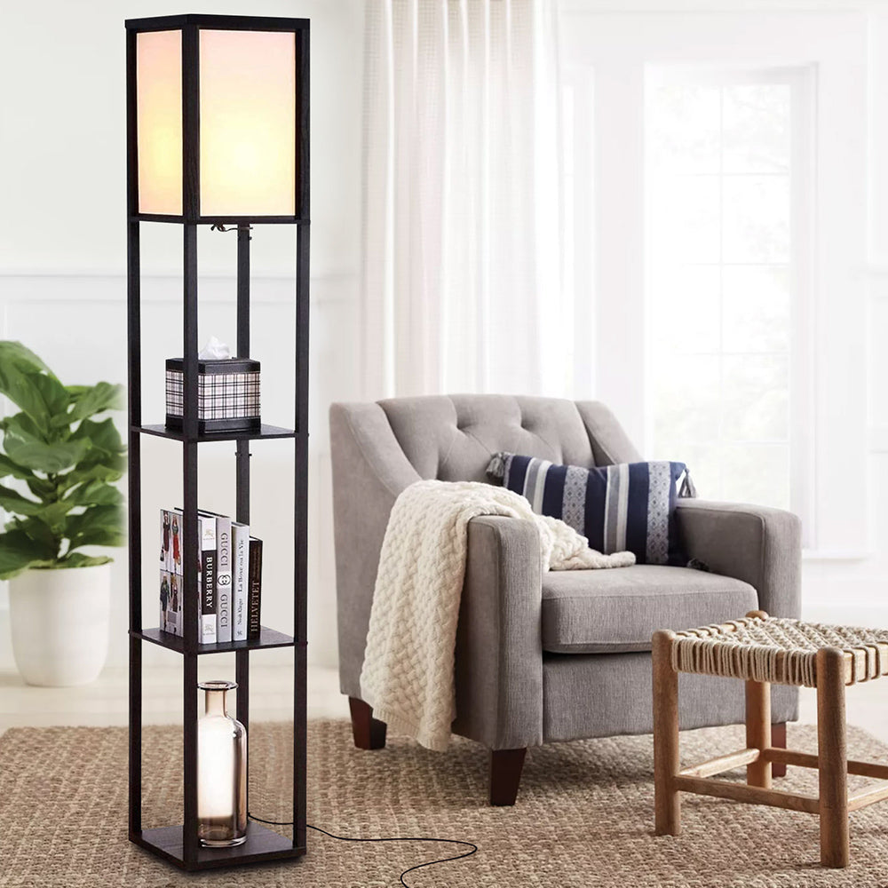 Modern LED Shelf Floor Lamp Black Wooden Skinny End Table Nightstand