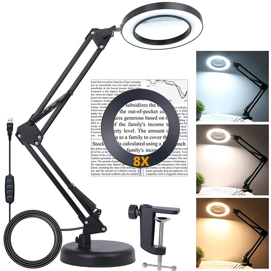 Magnifying Glass with Light and Stand 8-Diopter Real Glass Magnifying 2-in-1 Desk Lamp