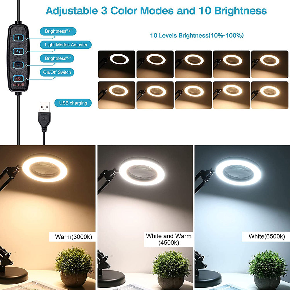 Magnifying Glass with Light and Stand 8-Diopter Real Glass Magnifying 2-in-1 Desk Lamp