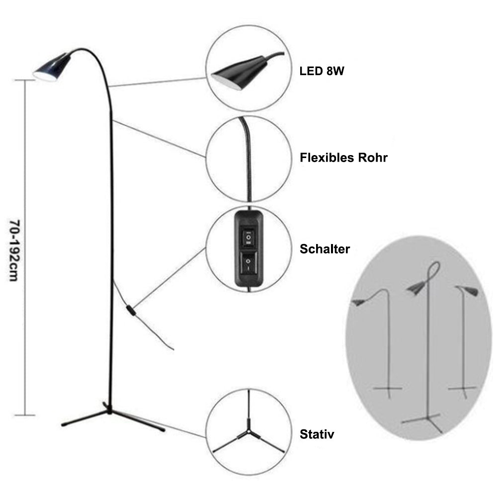 Schwanenhals-LED-Stehlampe, dimmbar, moderne Leselampe