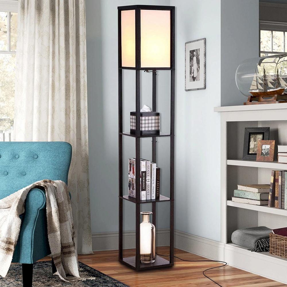 Modern LED Shelf Floor Lamp Black Wooden Skinny End Table Nightstand