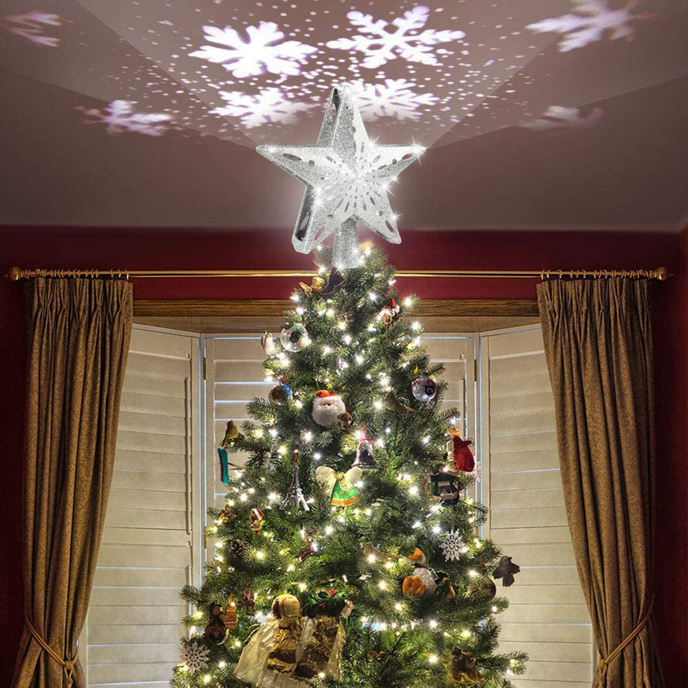 Christmas Tree Topper Star LED Rotating Snowflake Projector