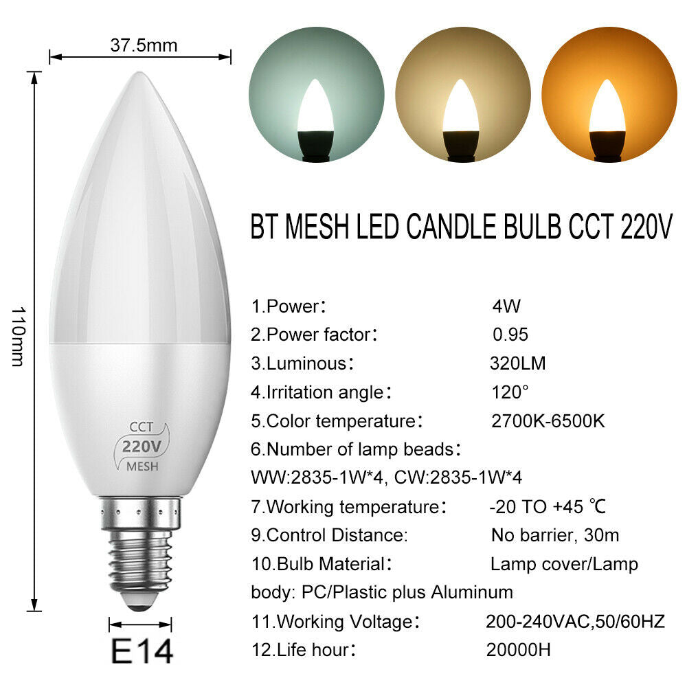 Ampoule de bougie de lustre LED intelligente Bluetooth E12/E14