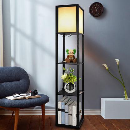 Modern LED Shelf Floor Lamp Black Wooden Skinny End Table Nightstand