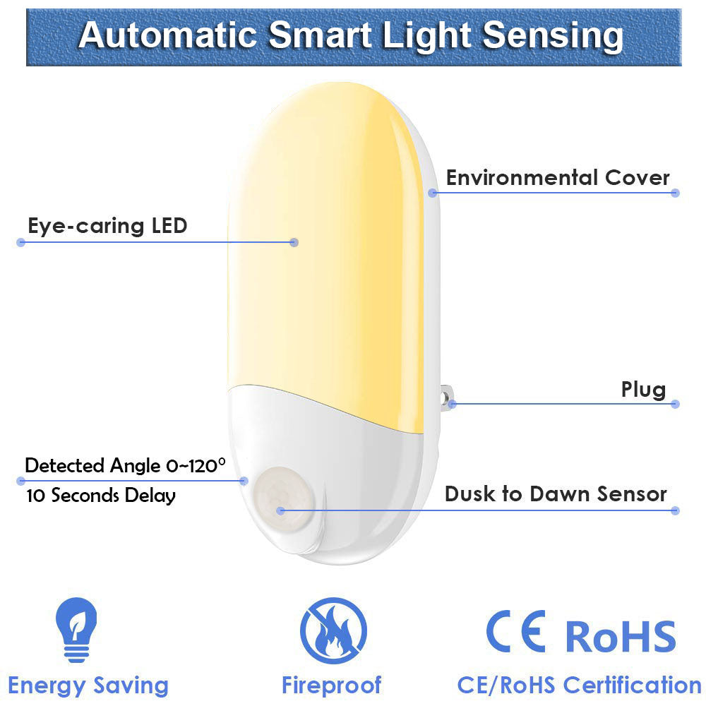 Luz nocturna LED con sensor de movimiento PIR enchufable para pared