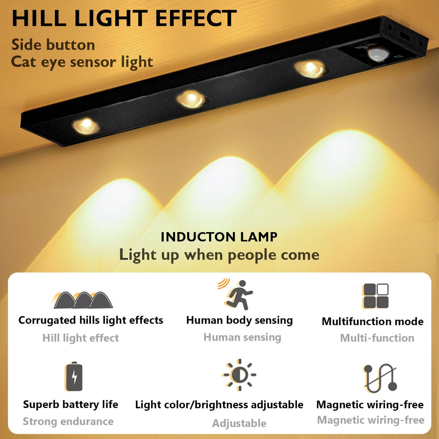 Luz LED con sensor de movimiento debajo del gabinete, carcasa negra