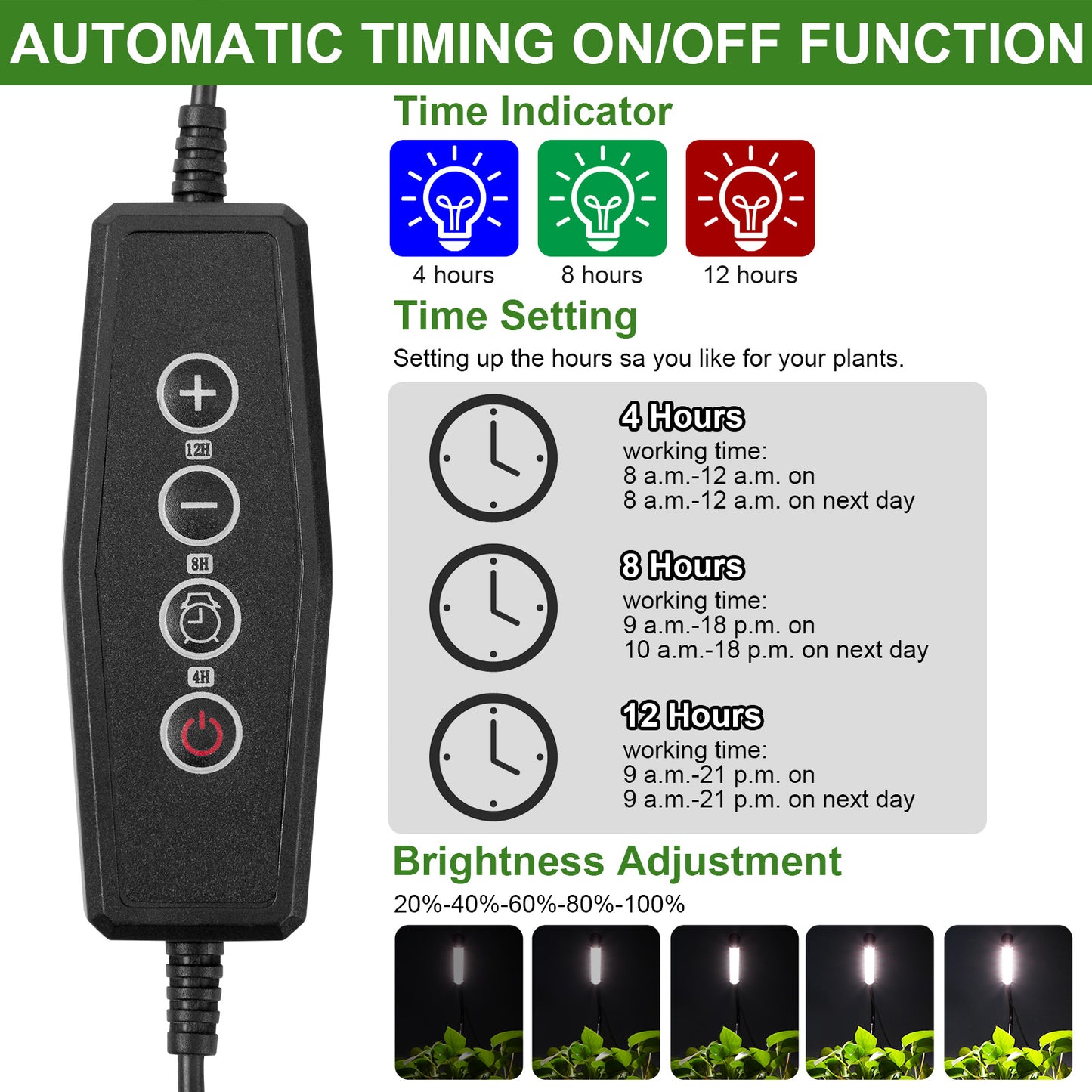 Configuración del temporizador de luz de cultivo LED 4/8/12H, 5 niveles regulables