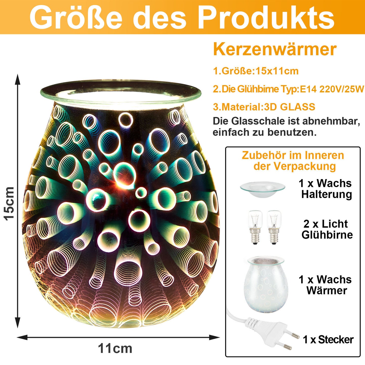 Fondoir à cire électrique, bougie circulaire en verre 3D à intensité variable