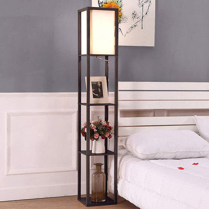 Modern LED Shelf Floor Lamp Black Wooden Skinny End Table Nightstand