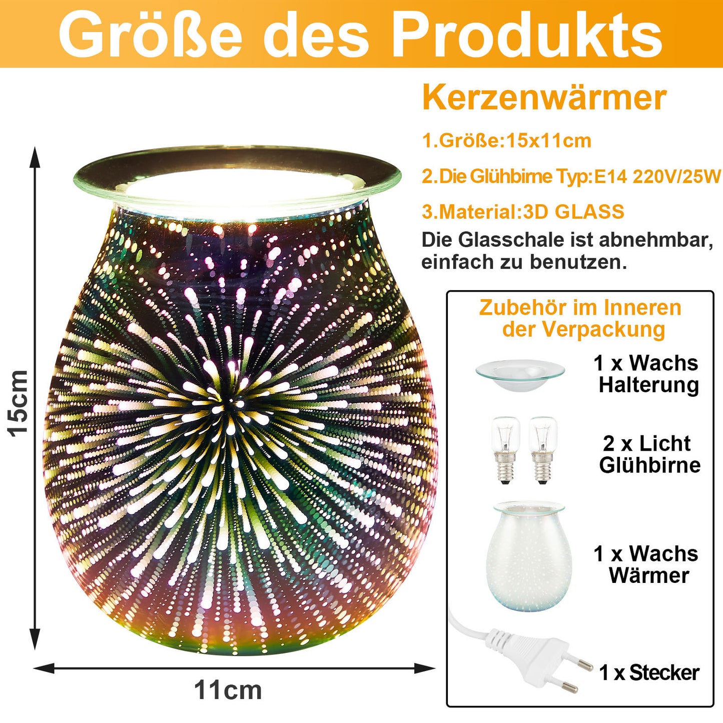 Bougie de feu d'artifice en verre 3D à intensité variable de fondeur de cire électrique