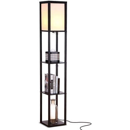 Modern LED Shelf Floor Lamp Black Wooden Skinny End Table Nightstand