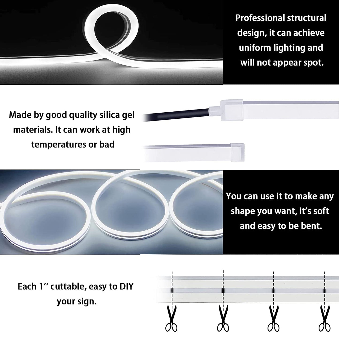 Bande lumineuse au néon LED à intensité variable, interrupteur tactile étanche