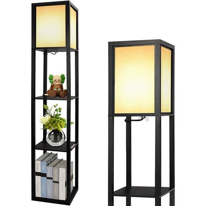 Modern LED Shelf Floor Lamp Black Wooden Skinny End Table Nightstand