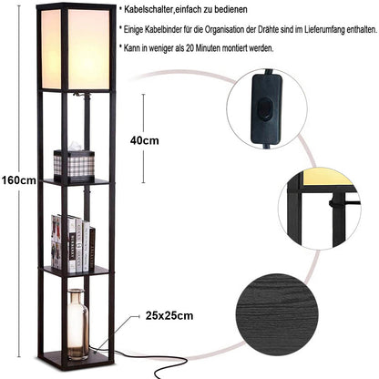 Modern LED Shelf Floor Lamp Black Wooden Skinny End Table Nightstand