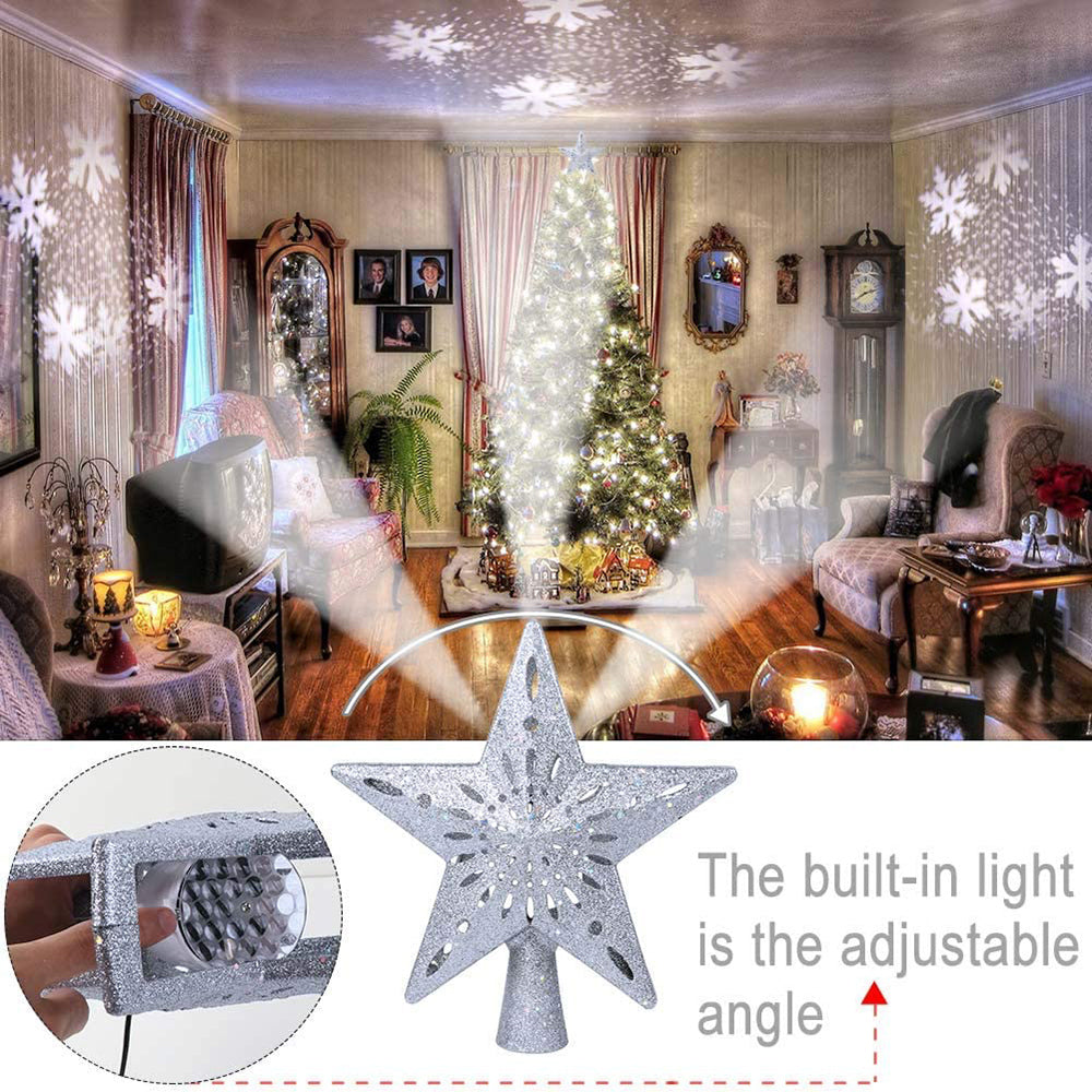 Christmas Tree Topper Star LED Rotating Snowflake Projector