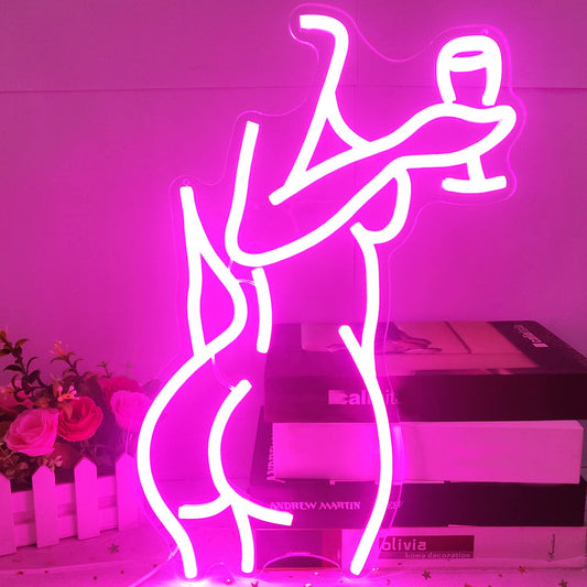 LED Neon Pink Lady Sign - Dimmable Décor for Bedroom, Bar, Store