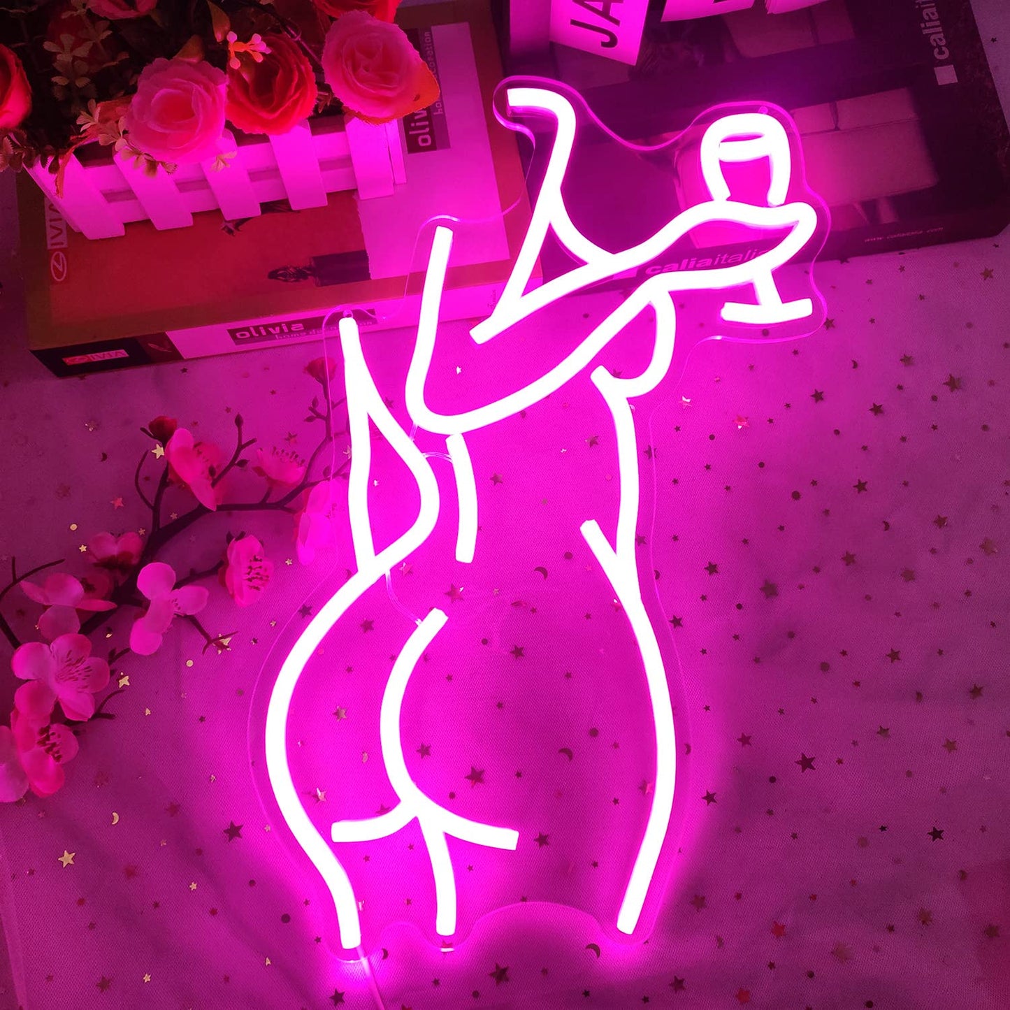 LED Neon Pink Lady Sign - Dimmable Décor for Bedroom, Bar, Store