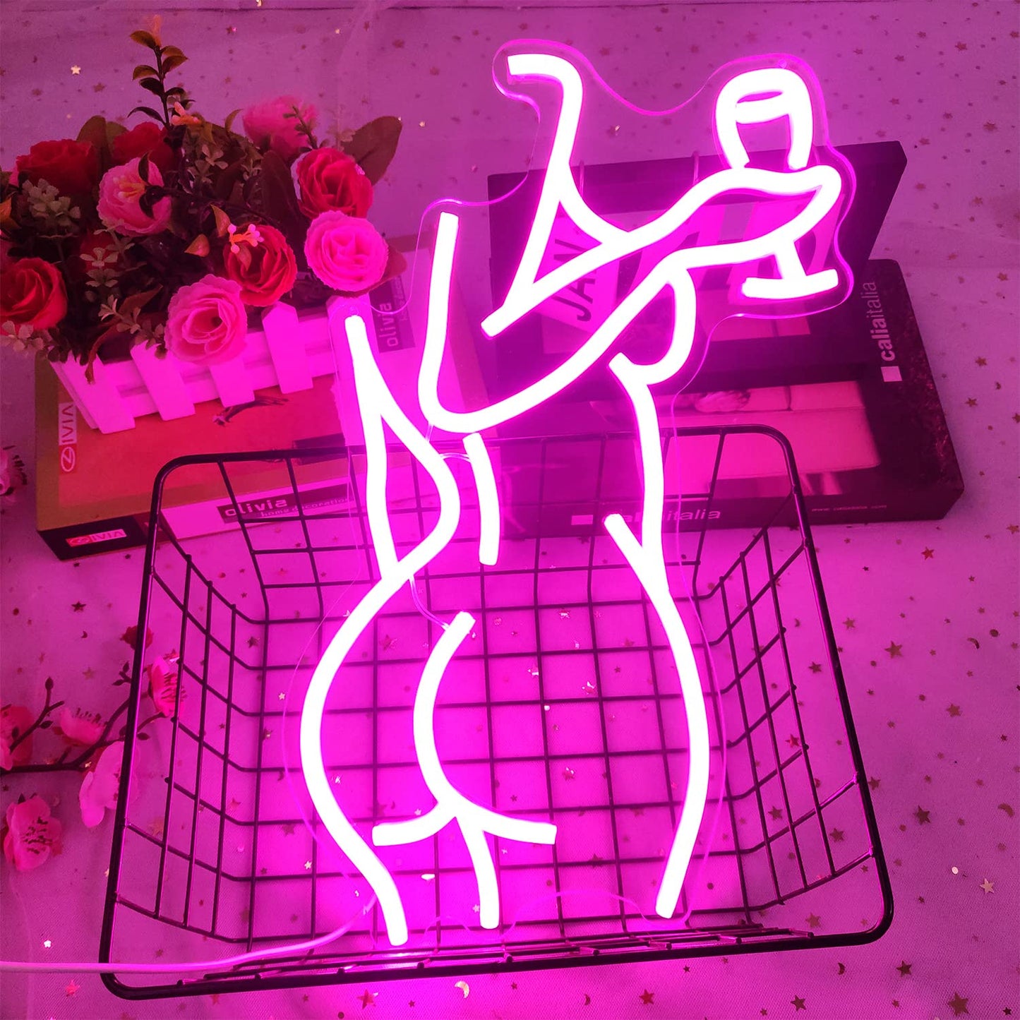 LED Neon Pink Lady Sign - Dimmable Décor for Bedroom, Bar, Store