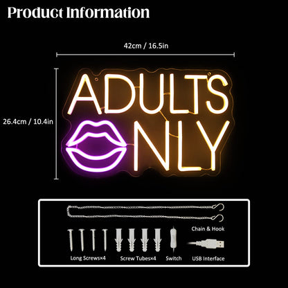 Adults Only Neon Sign - Pink Lip LED Lights for Bedroom, Bar, Man Cave