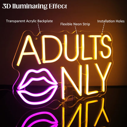 Adults Only Neon Sign - Pink Lip LED Lights for Bedroom, Bar, Man Cave