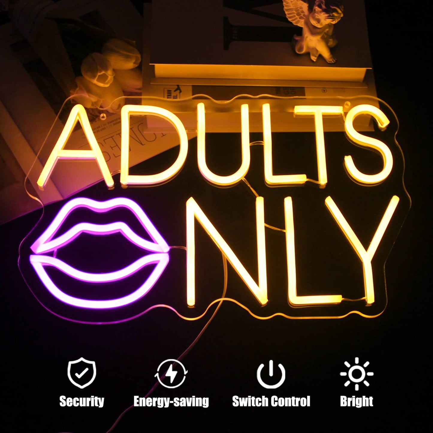 Adults Only Neon Sign - Pink Lip LED Lights for Bedroom, Bar, Man Cave