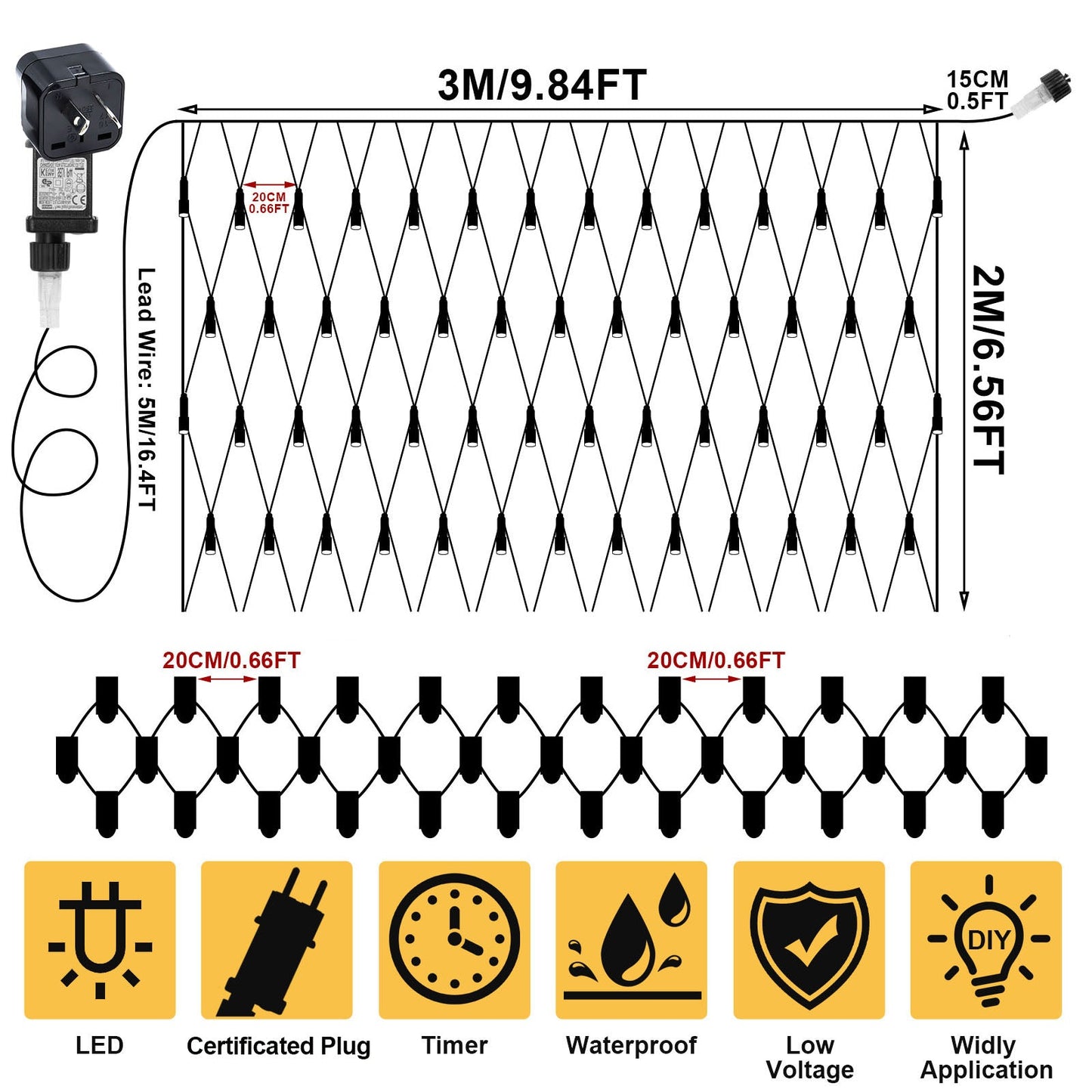 Waterproof Low Voltage Power Saving LED Net Light, 2x3M/4x6M